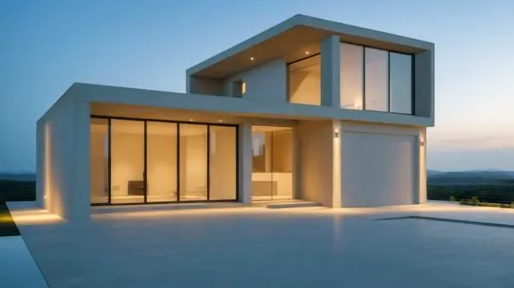 Vivienda contemporánea con piscina al atardecer