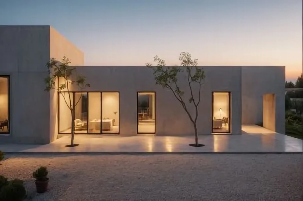 Vivienda minimalista de una planta al anochecer