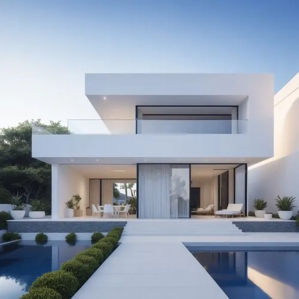Casa contemporánea blanca con piscina y grandes ventanales