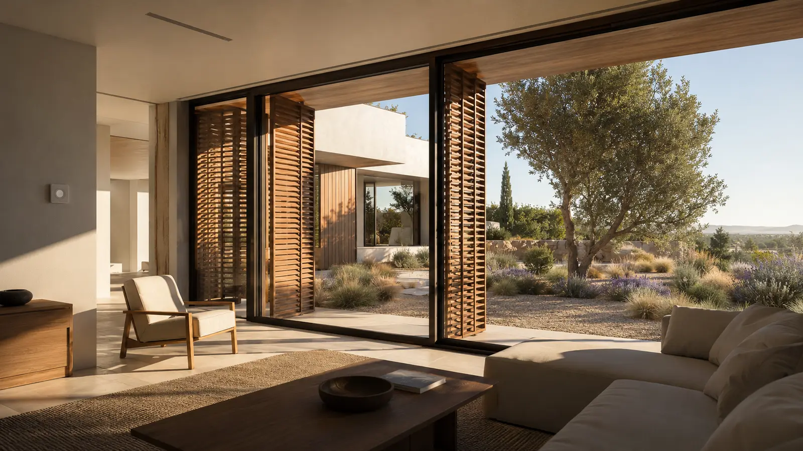 Visualización conceptual de un interior Passivhaus protegido con lamas exteriores frente al sobrecalentamiento en Madrid